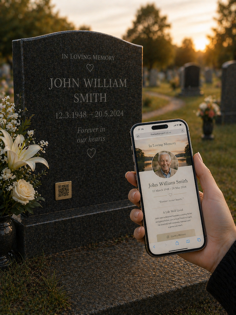 THE DASH PROJECT - PRODUCT IMAGE - MEMORIAL PAGE AND GRAVESTONE
