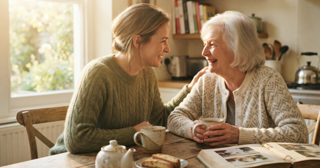 adult child and elderly parent sharing a quiet conversation over tea at a kitchen table