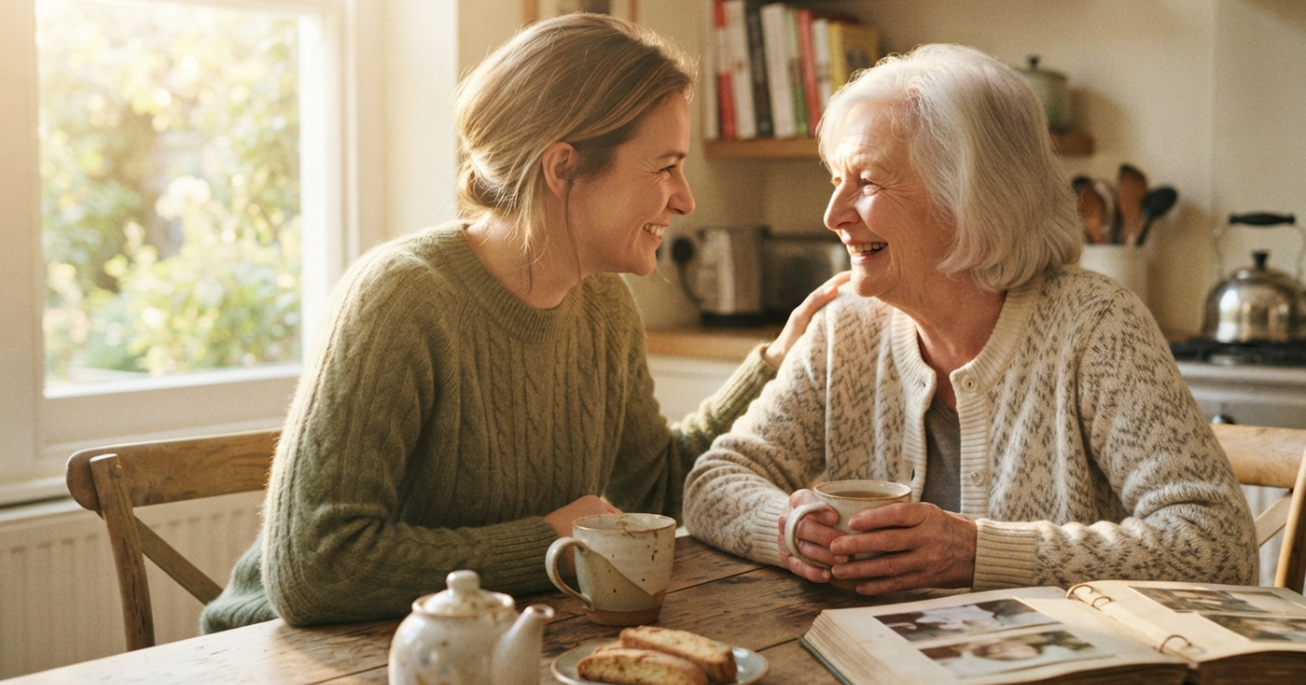 adult child and elderly parent sharing a quiet conversation over tea at a kitchen table